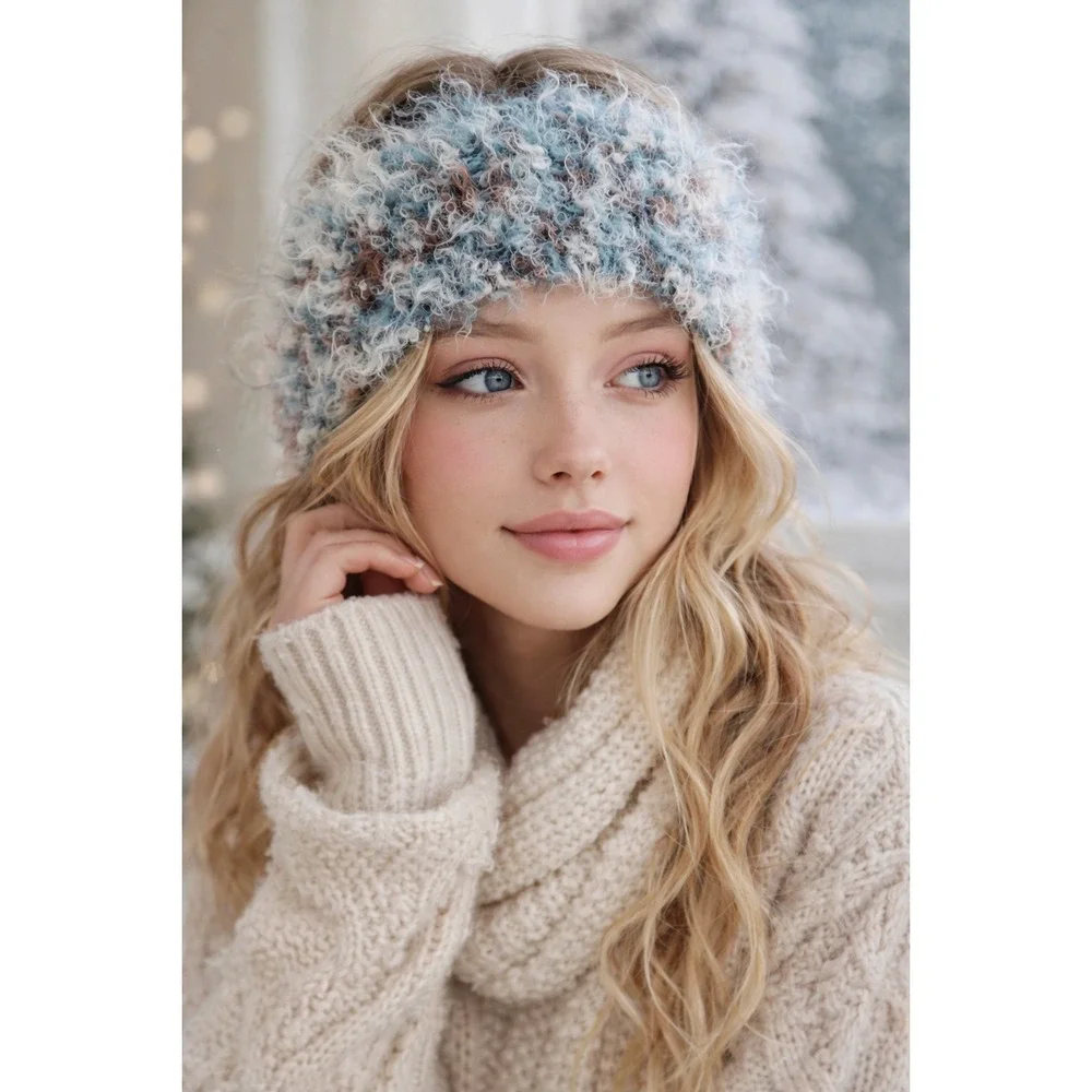 Soft‎ Fluffy Knit Winter Headband Ear Warmer Cozy Textured Fuzzy Head Wrap Blue